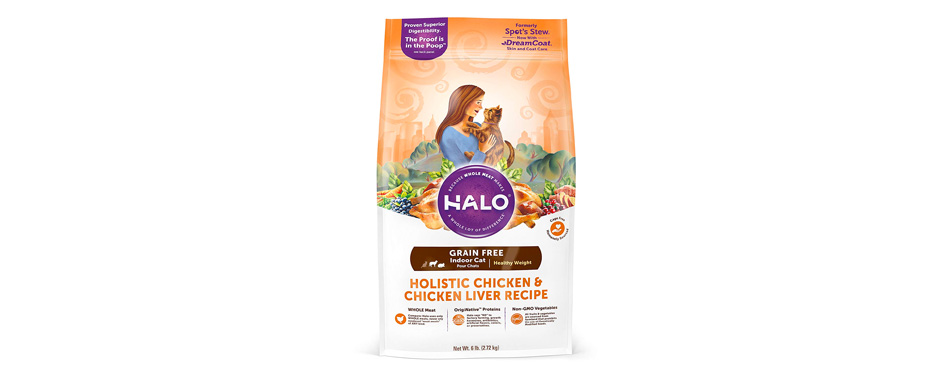Best for Indoor Cats: Halo Holistic Chicken & Chicken Liver Recipe Healthy Weight Indoor Cat