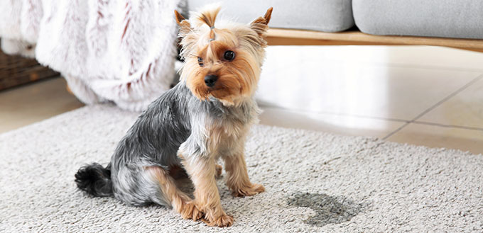 Dog sitting near wet spot on carpet