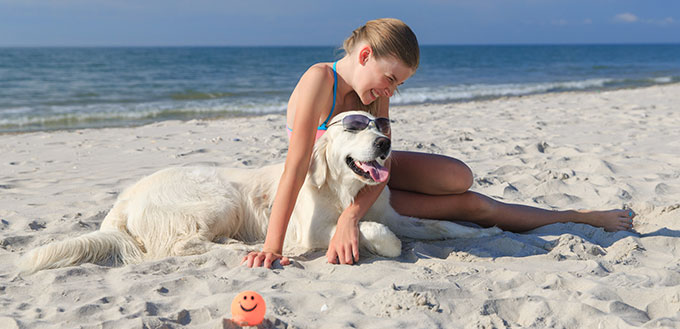 Woman and her dog on the beach