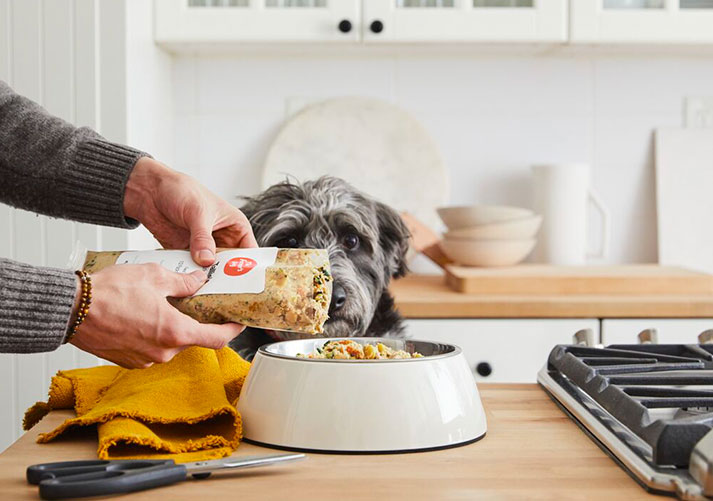 dog is waiting for his the farmer's dog fresh meal at the table