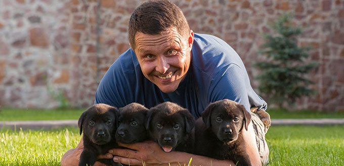 Homme avec des chiots