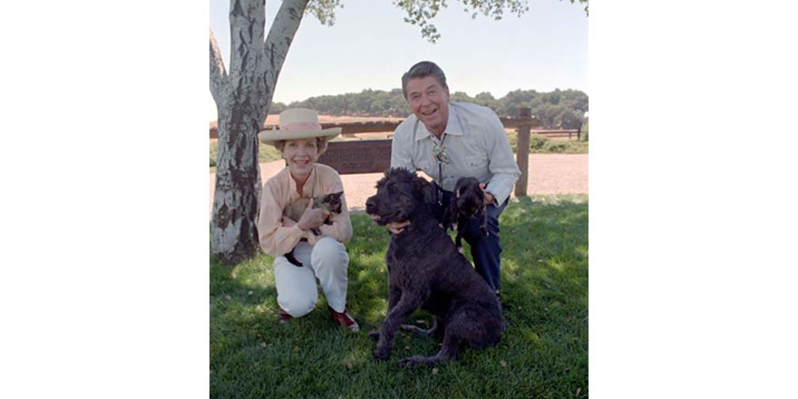 President Reagan and Nancy Reagan with their dog "Lucky" and cats at Rancho Del Cielo in Santa Barbara, California