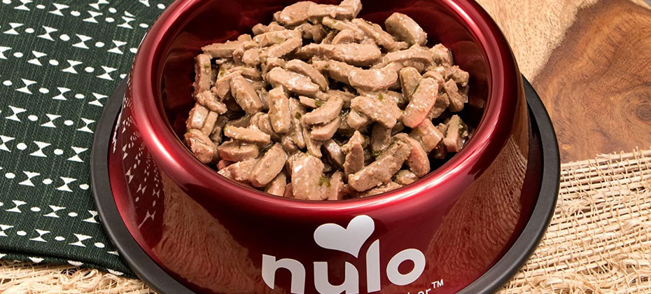 Nulo Adult & Kitten Grain Free Canned in a red bowl with a Nulo branding.