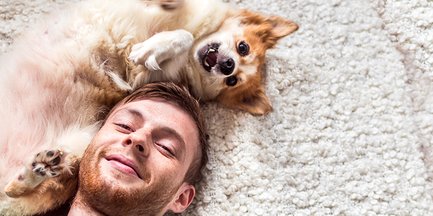 the young man with a dog is played. close up portrait