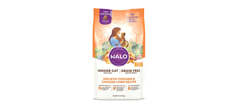 Best for Indoor Cats: Halo Holistic Chicken & Chicken Liver Recipe Healthy Weight Indoor Cat