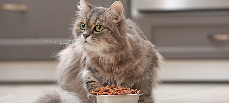 A fluffy gray cat sits on the kitchen floor next to the food bowl.