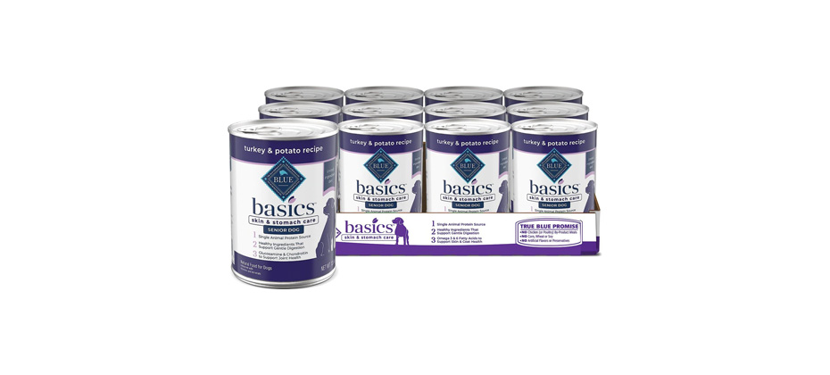 Best Senior Wet Dog Food: Blue Buffalo Basics Skin & Stomach Care Grain-Free Turkey & Potato Senior Canned Dog Food