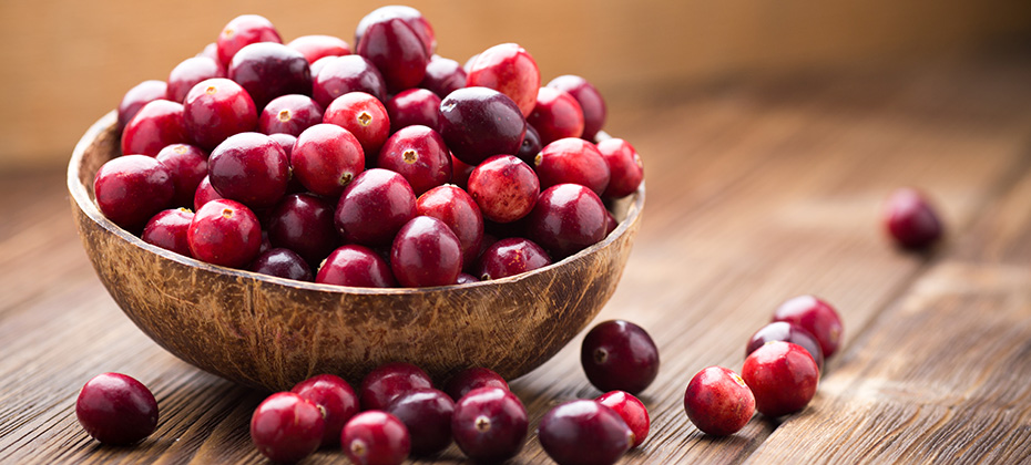 Cranberries in wooden bowl on wooden background