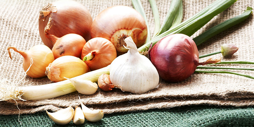 Onions leek and garlic on jute