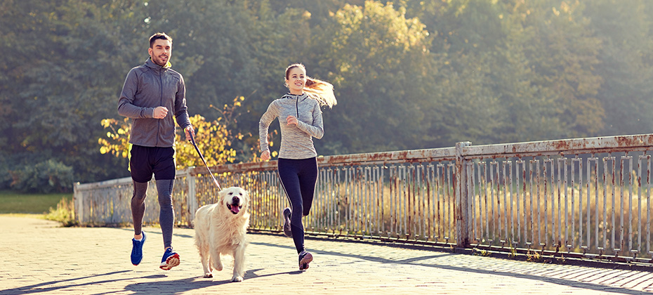 Couple with a dog running outdoors.