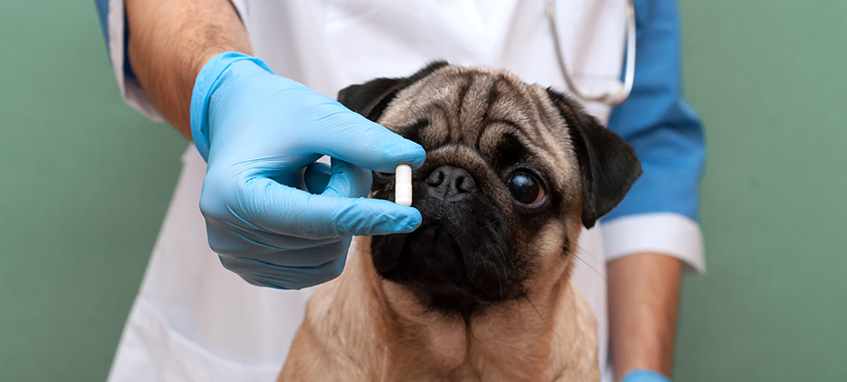 hand in gloves holding pills and close-up medicine and medications that are important in dogs