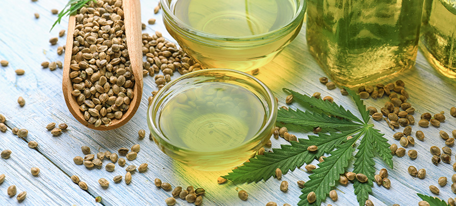 Composition with hemp oil in bowls on table