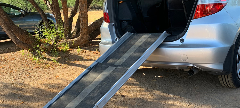 Ramp leaning on car trunk for dog to climb in and out vehicle