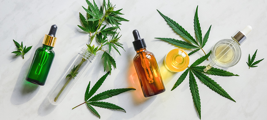 Various glass bottles with CBD oil