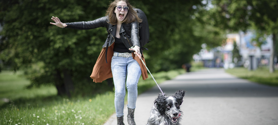 Young woman walking her dog on a street, having troubles holding him on a leash