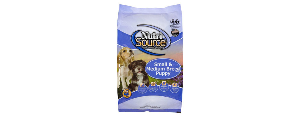 A bag of NutriSource chicken and rice dry dog food